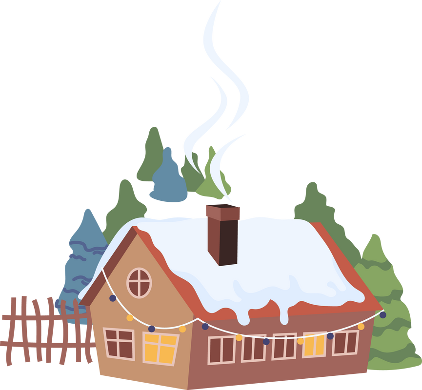 Winter Christmas cottage house and snow, fur trees, chalet